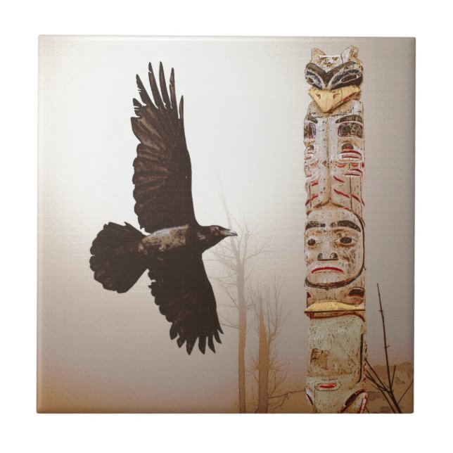 Flies Raven & Totem-Pole Fantasy Art Kakelplatta (Framsidan)