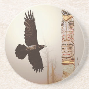 Flies Raven & Totem-Pole Fantasy Art Underlägg Sandsten