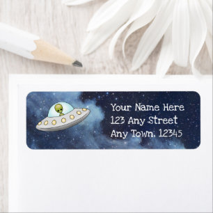 Flies Saucer Alien UFO Stars Galaxy Returadress Etikett