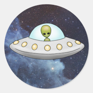 Flies Saucer Alien UFO Sticker Runt Klistermärke