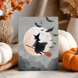 Flies Witch på hennes rum Cute Halloween Vykort