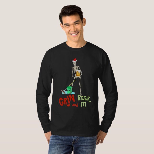 FLIN och BEER IT FUNny Skeleton MOP-jul T-shirt (Hel framsida)
