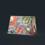 Flinflip flops, Handflatan Träd, Ljus Beach, jul Helgkort<br><div class="desc">Den varmaste stranden i Önskemål Julhälsningar kort har ett sött par av orange flinflip flops och sol hatt. Det finns sjöceller och en vattenfärg handflatan träd som är dekorerad med Julgran strand ljus, allt på träbakgrund. Inuti Hälsning ~ "Från min Helgdag Paradise till din..". Hälsning kan vara personlig att läsa...</div>
