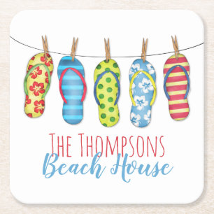 Flinflip flops Personlig Whimsical Beach House Underlägg Papper Kvadrat