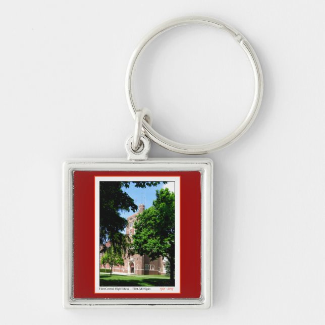 Flintacentralkick Fyrkantig Silverfärgad Nyckelring (Framsidan)