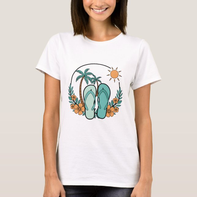 Flip Flops and Palm Trees Summer Beach Vibes T Shirt (Framsida)