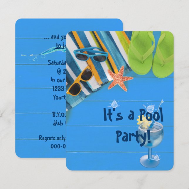 flip-flops med handduk Bassäng Party Inbjudningar (Fram/baksida)