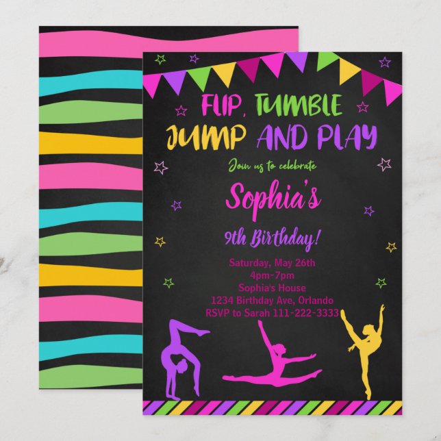 Flip Tumble Jump Gymnastic Black Birthday Inbjudan (Fram/baksida)