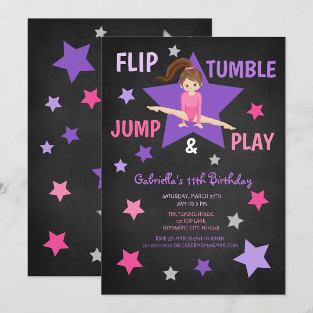 Flip, Tumble, Jump & Play Gymnastics Birthday Inbjudningar (Fram/baksida)