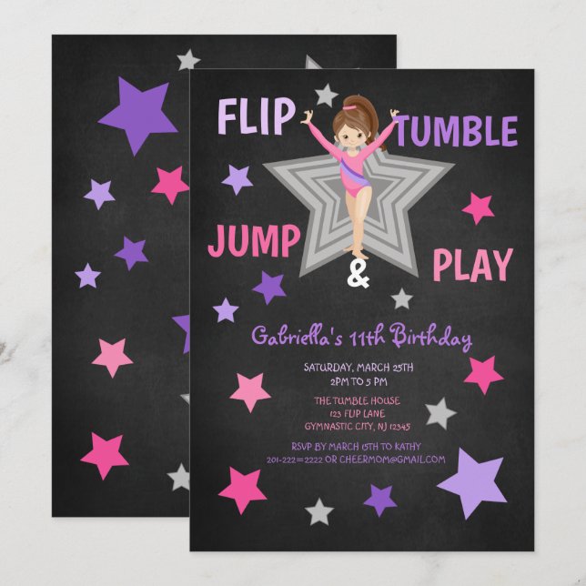 Flip, Tumble, Jump & Play Gymnastics Birthday Inbjudningar (Fram/baksida)