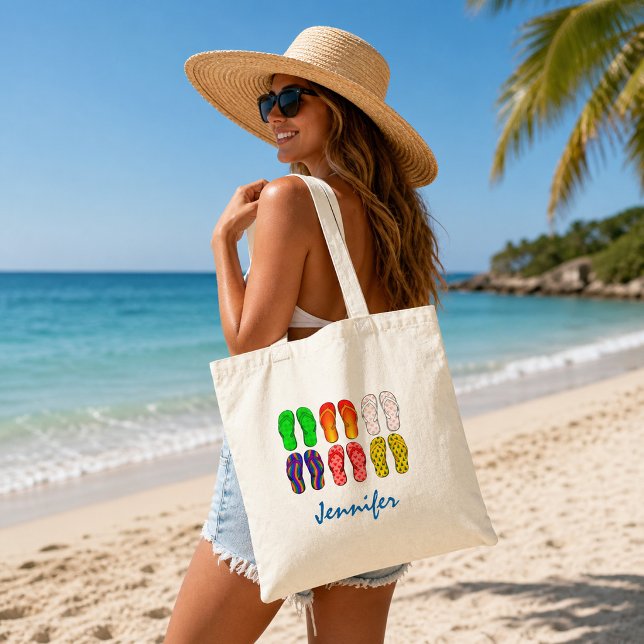 Flipflops bild sommarlov strand namn tygkasse (Flipflops image summer vacation beach name tote bag. You can add your own name to personalize.)
