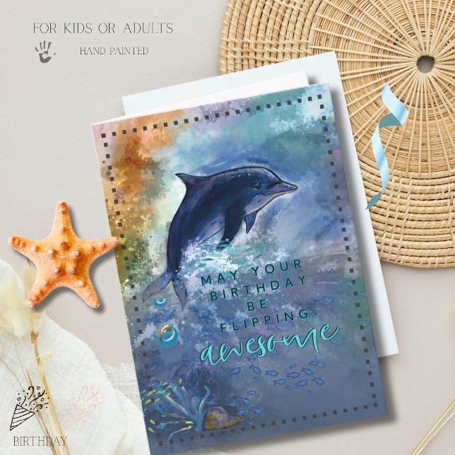 Flippande fantastisk delfin Söt akvarellkort Helgkort (Flipping Awesome Dolphin Cute Watercolor Kids Birthday Card)