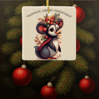 Flipping Flapping Merry Christmas Penguin Quirky  Julgransprydnad Keramik