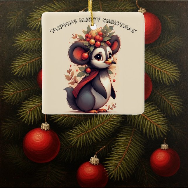 Flipping Flapping Merry Christmas Penguin Quirky  Julgransprydnad Keramik (Flipping Flapping Merry Christmas Penguin Quirky Ceramic Ornament)
