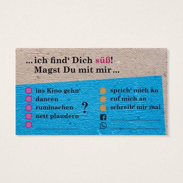 Flirt-Karte "Du bist süß!"; mit Kontaktfeldern Visitkort (Baksidan)