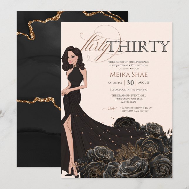 Flirty 30 Glam Black & Ro Guld 30års födelsedag Inbjudningar (Fram/baksida)