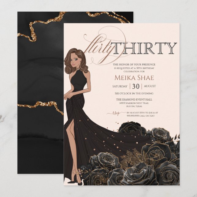 Flirty 30 Glam Black & Ro Guld 30års födelsedag Inbjudningar (Fram/baksida)