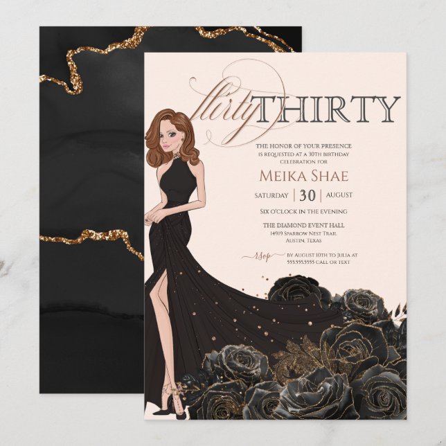 Flirty 30 Glam Black & Ro Guld 30års födelsedag Inbjudningar (Fram/baksida)