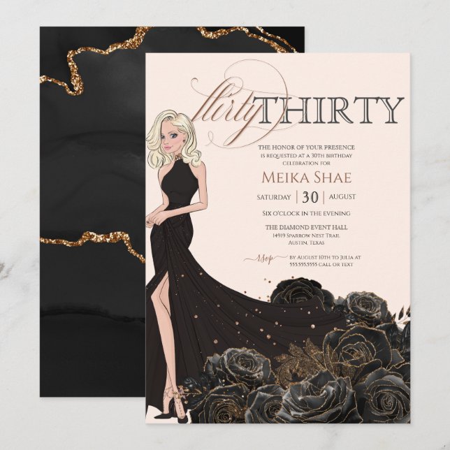 Flirty 30 Glam Black & Ro Guld 30års födelsedag Inbjudningar (Fram/baksida)