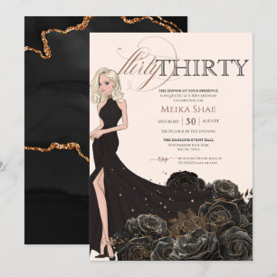 Flirty 30 Glam Black & Ro Guld 30års födelsedag Inbjudningar