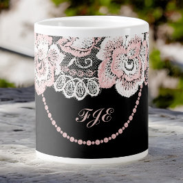 Flirty och Delikat Rosa ros Faux Snöre och Pearls Jumbo Mugg