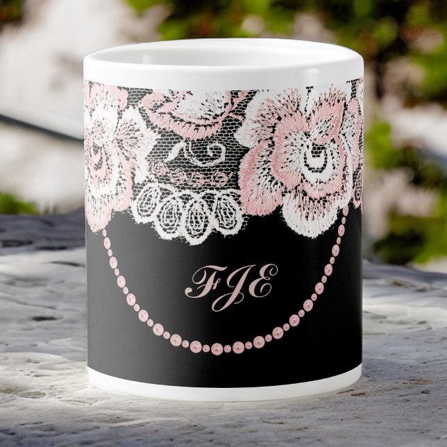 Flirty och Delikat Rosa ros Faux Snöre och Pearls Jumbo Mugg (Skapare uppladdad)