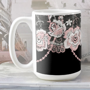 Flirty och Delikat Rosa ros Faux Snöre och Pearls Kaffemugg