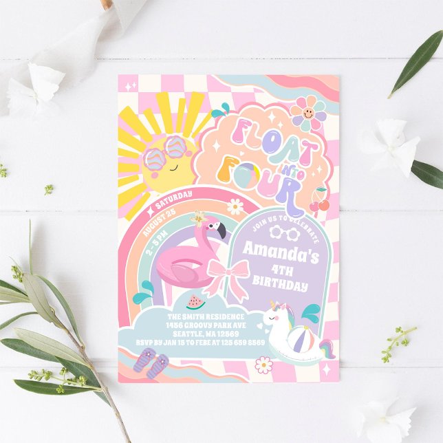 Float Into Four Pool Party Rainbow 4th Birthday Inbjudningar (Skapare uppladdad)