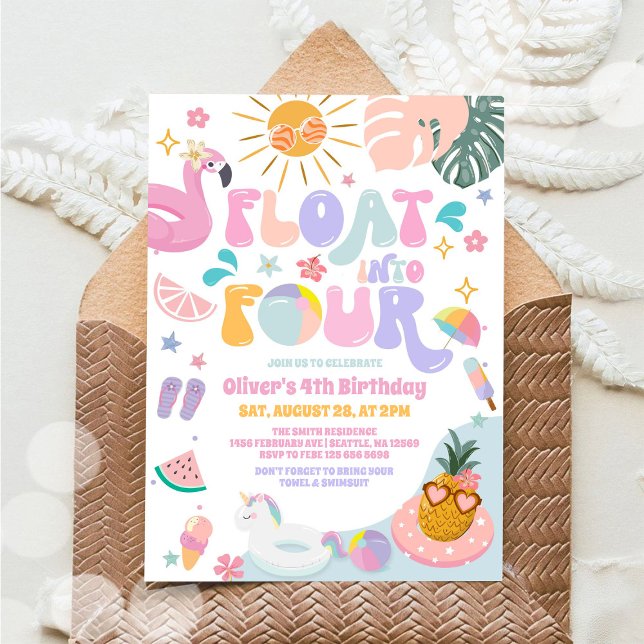 Float Into Four Pool Party Summer 4th Birthday Inbjudningar (Skapare uppladdad)