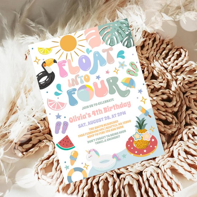 Float Into Four Pool Party Summer 4th Birthday Inbjudningar (Skapare uppladdad)