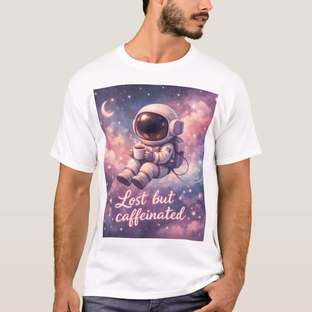 Floating Astronaut Coffee Lover Funny Space T Shirt (Framsida)