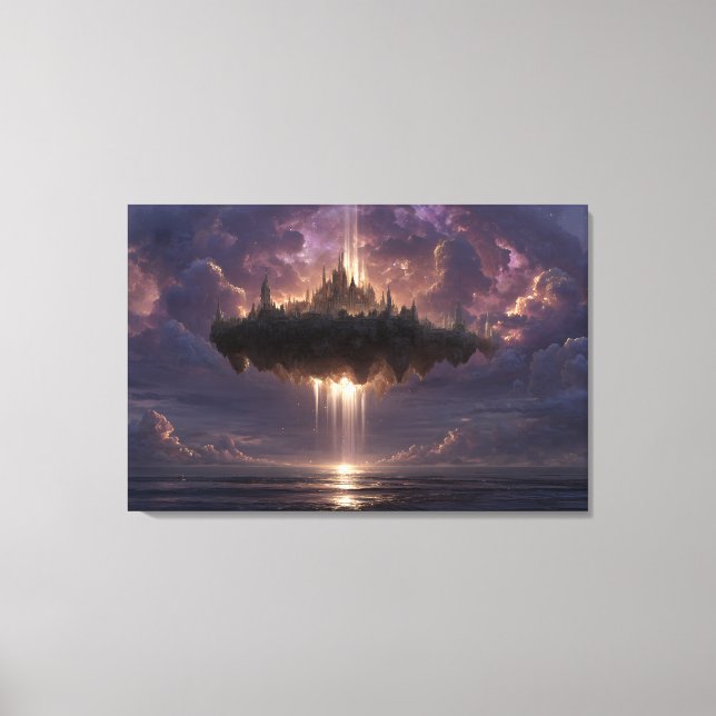 Floating Fantasy Castle Cloud Beams Glow Canvastryck (Framsida)