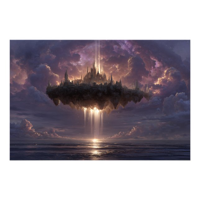 Floating Fantasy Castle Cloud Beams Glow Fototryck (Framsidan)