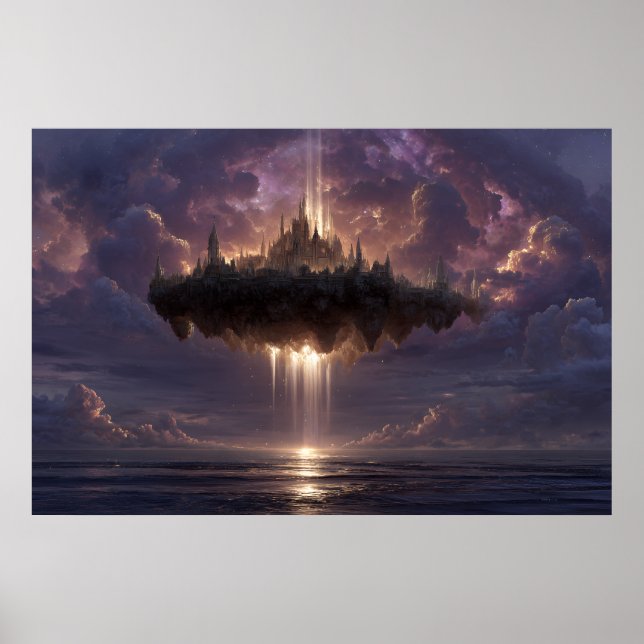 Floating Fantasy Castle Cloud Beams Glow Poster (Framsidan)