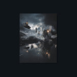 Floating Gothic Ruins Cosmic Mirror Night Canvastryck<br><div class="desc">Shattered gothic cathedrals and broken spires float as isolated islands in a vast, starry night sky. Each ruin glows with ethereal blue-violet light from cracked windows and arched interiors, while small warm lanterns and fires flicker in the darkness. A slender crescent moon hangs low, illuminating swirling clouds and casting perfect...</div>