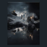 Floating Gothic Ruins Cosmic Mirror Night Fototryck<br><div class="desc">Shattered gothic cathedrals and broken spires float as isolated islands in a vast, starry night sky. Each ruin glows with ethereal blue-violet light from cracked windows and arched interiors, while small warm lanterns and fires flicker in the darkness. A slender crescent moon hangs low, illuminating swirling clouds and casting perfect...</div>