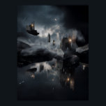 Floating Gothic Ruins Cosmic Mirror Night Poster<br><div class="desc">Shattered gothic cathedrals and broken spires float as isolated islands in a vast, starry night sky. Each ruin glows with ethereal blue-violet light from cracked windows and arched interiors, while small warm lanterns and fires flicker in the darkness. A slender crescent moon hangs low, illuminating swirling clouds and casting perfect...</div>