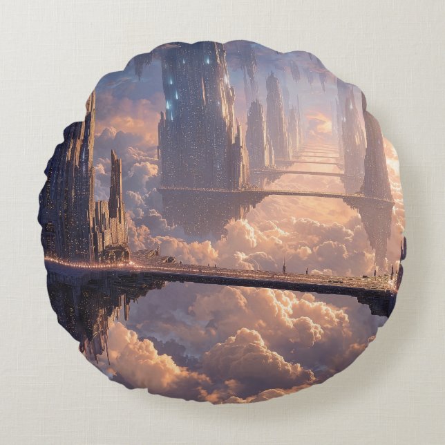 Floating Metropolis in the Clouds Rund Kudde (Framsidan)