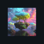 Floating Turquoise Tree Islands Neon Sky Canvastryck<br><div class="desc">Three colossal, glowing trees with electric turquoise, lime, and chartreuse canopies dominate floating islands of mossy rock and ancient ruins. Tiny crystals and patchwork greenery sparkle beneath the branches while the islands hover above a mirror-like ocean reflecting a dramatic sky of swirling magenta, violet, pink, and cyan clouds pierced by...</div>