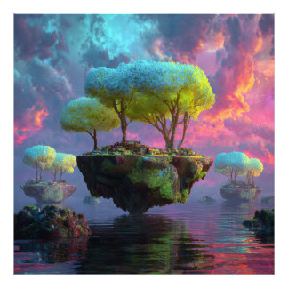Floating Turquoise Tree Islands Neon Sky Fototryck