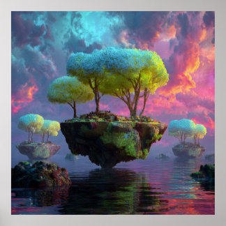 Floating Turquoise Tree Islands Neon Sky Poster