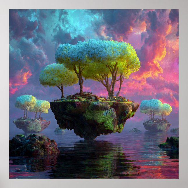 Floating Turquoise Tree Islands Neon Sky Poster (Framsidan)