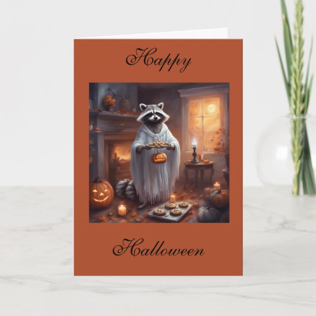 Floaty Ghost Raccoon Halloween greeting card Kort (Framsida)