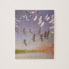 Flock av Ibis som flyger över våtmarker, Vintage f Pussel