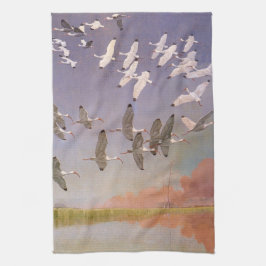 Flock av Ibisar som flyger över våtmarker, Vintage Kökshandduk