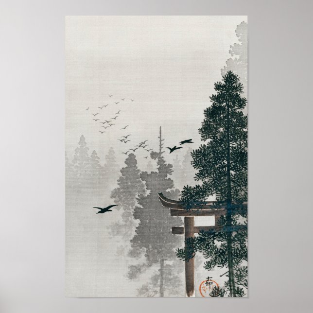 Flock of Birds and Torii Grind av Ohara Koson Poster (Framsidan)