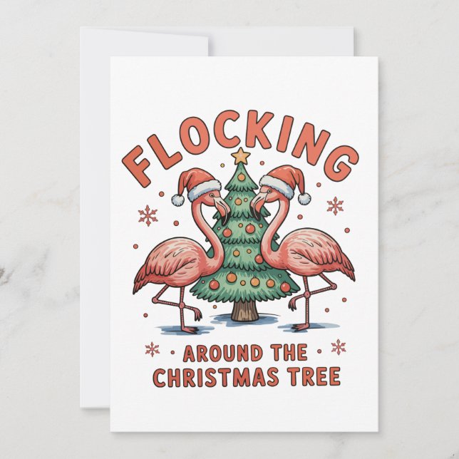 Flockar runt julgranen Rosa Flamingo Julkort (Framsida)