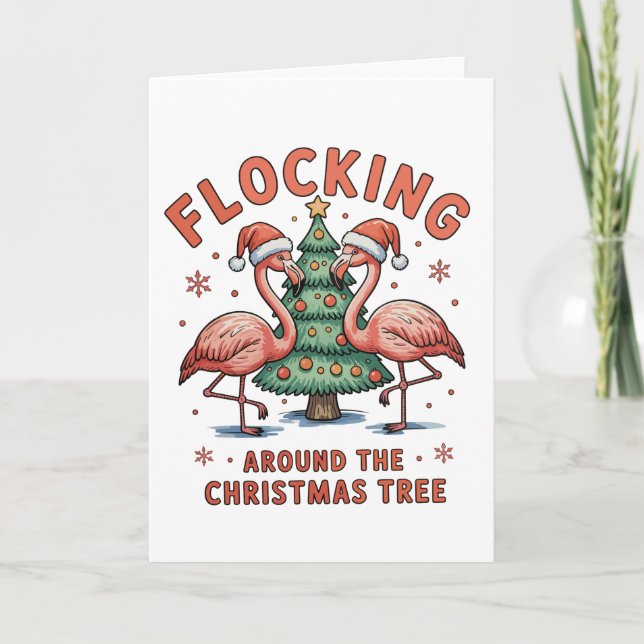 Flockar runt julgranen Rosa Flamingo Kort (Framsida)