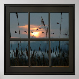 Flocket av fågelfaux Window Illusion 24x24 Black Poster