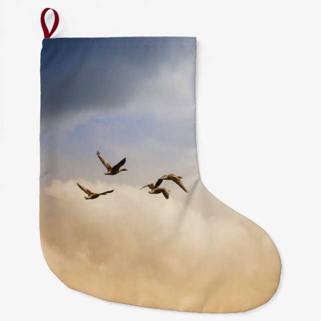 Flocket av fåglar under flygning stor julstrumpa (Framsidan)